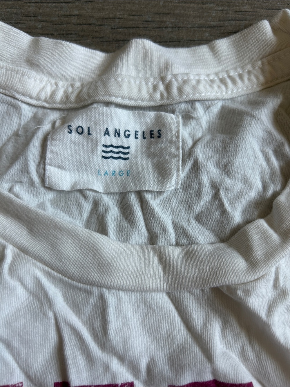 Sol Angeles White Short Sleeve Tee with Pink Text and Green Stripe Accents - Picture 2 of 4